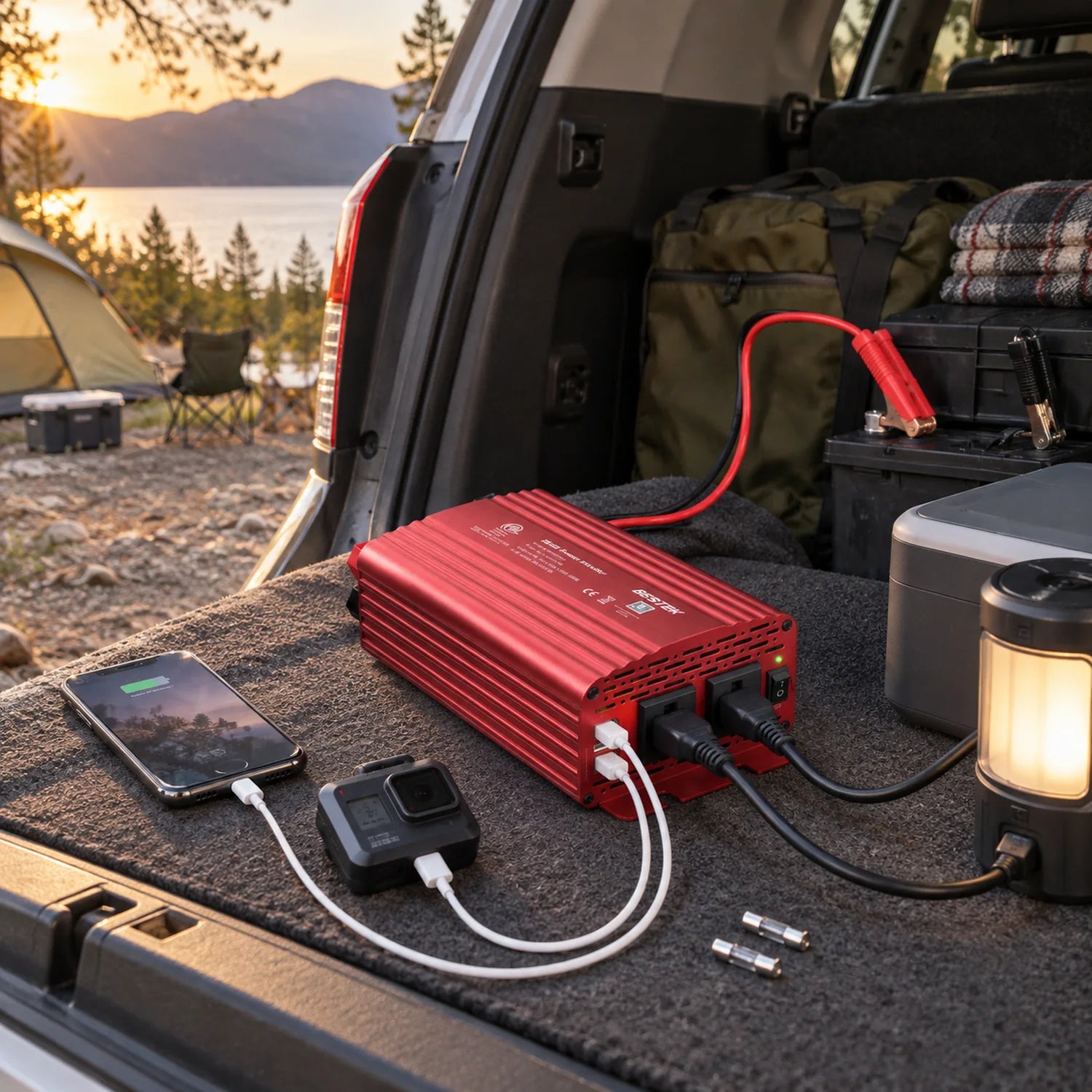 BESTEK 500W DC to AC Car Power Inverter in a use setting