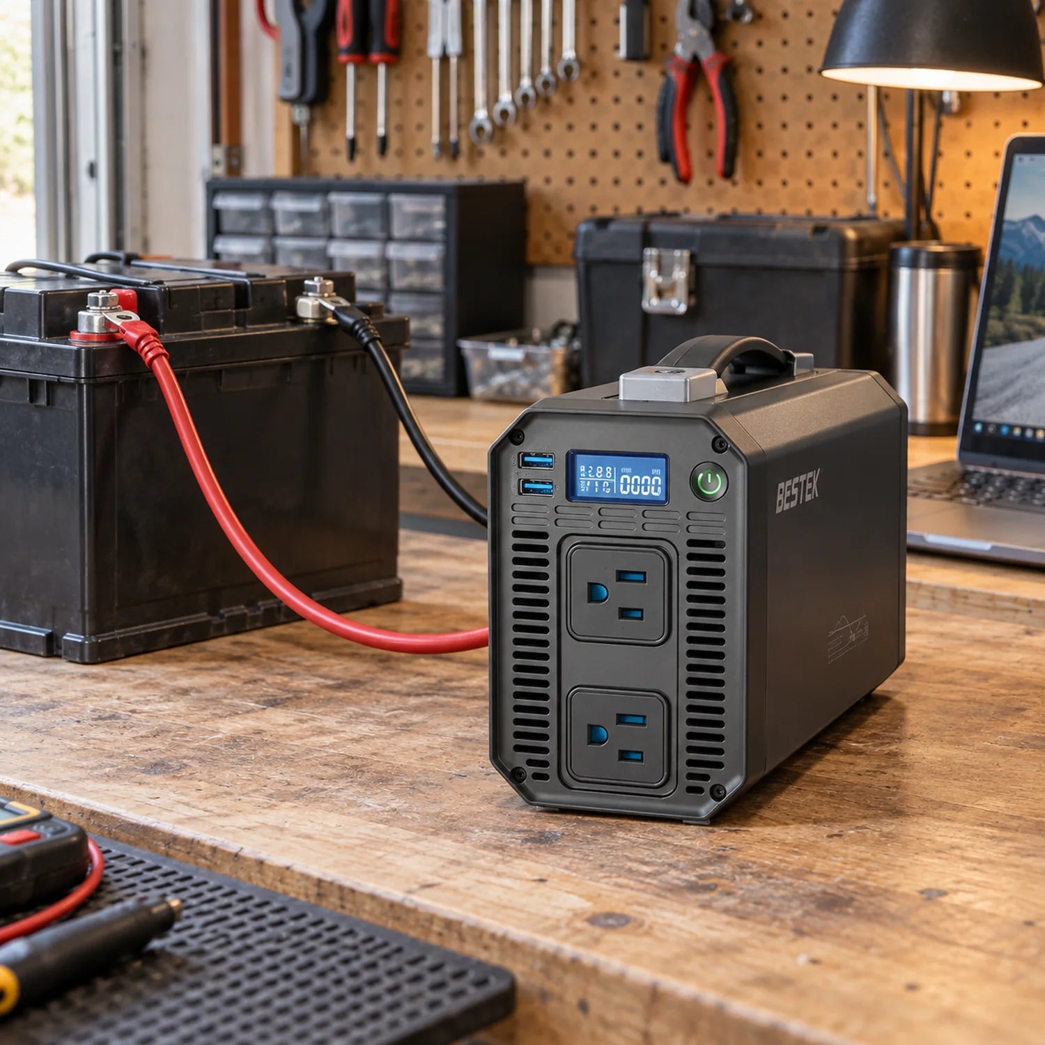BESTEK DC 12V to 110V AC 1200W Power Inverter in a use setting