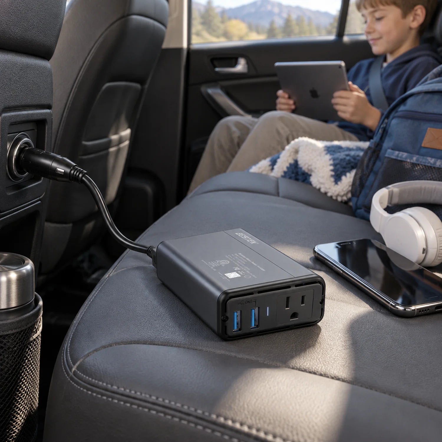 BESTEK Dual-USB 150W Car Power Inverter in a use setting