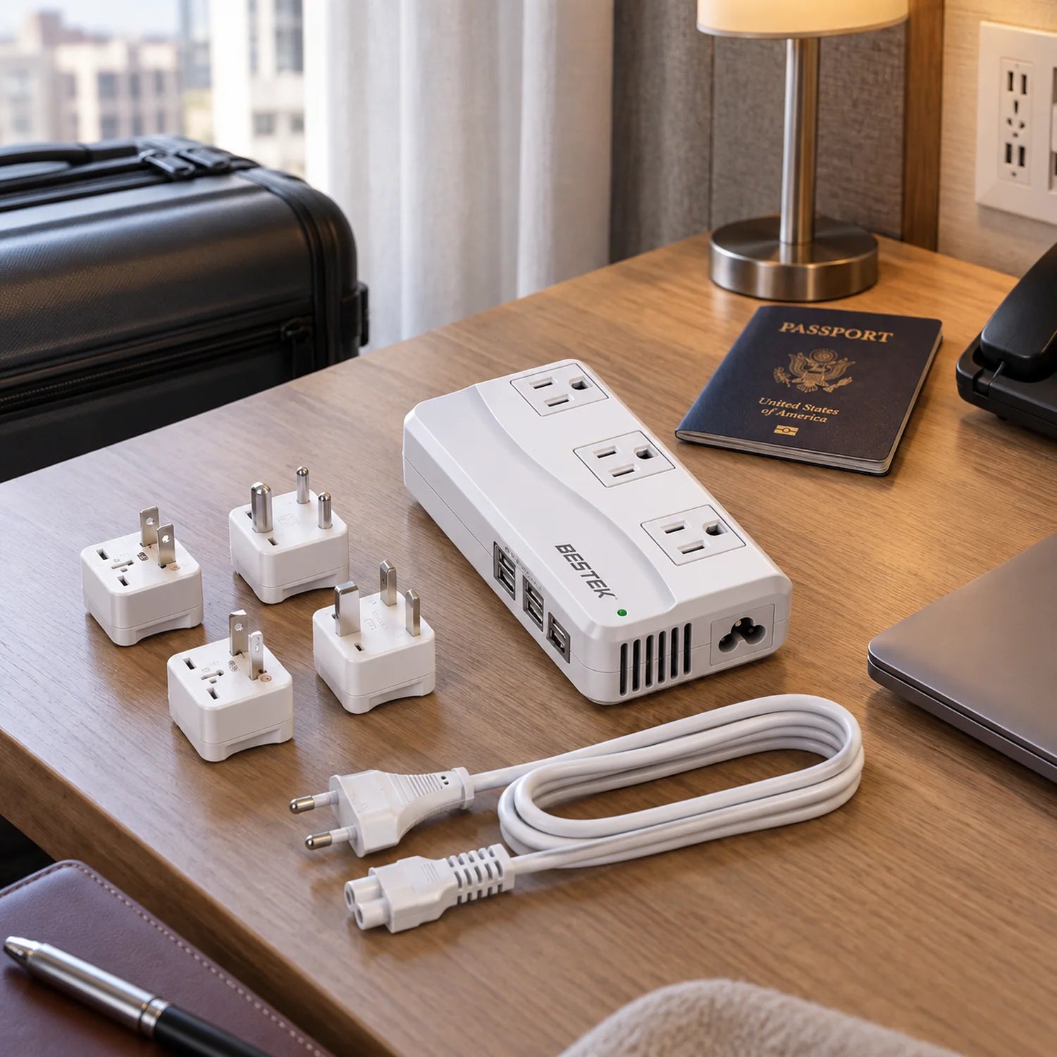 BESTEK Universal 100-220V to 110V Voltage Converter 250W in a use setting