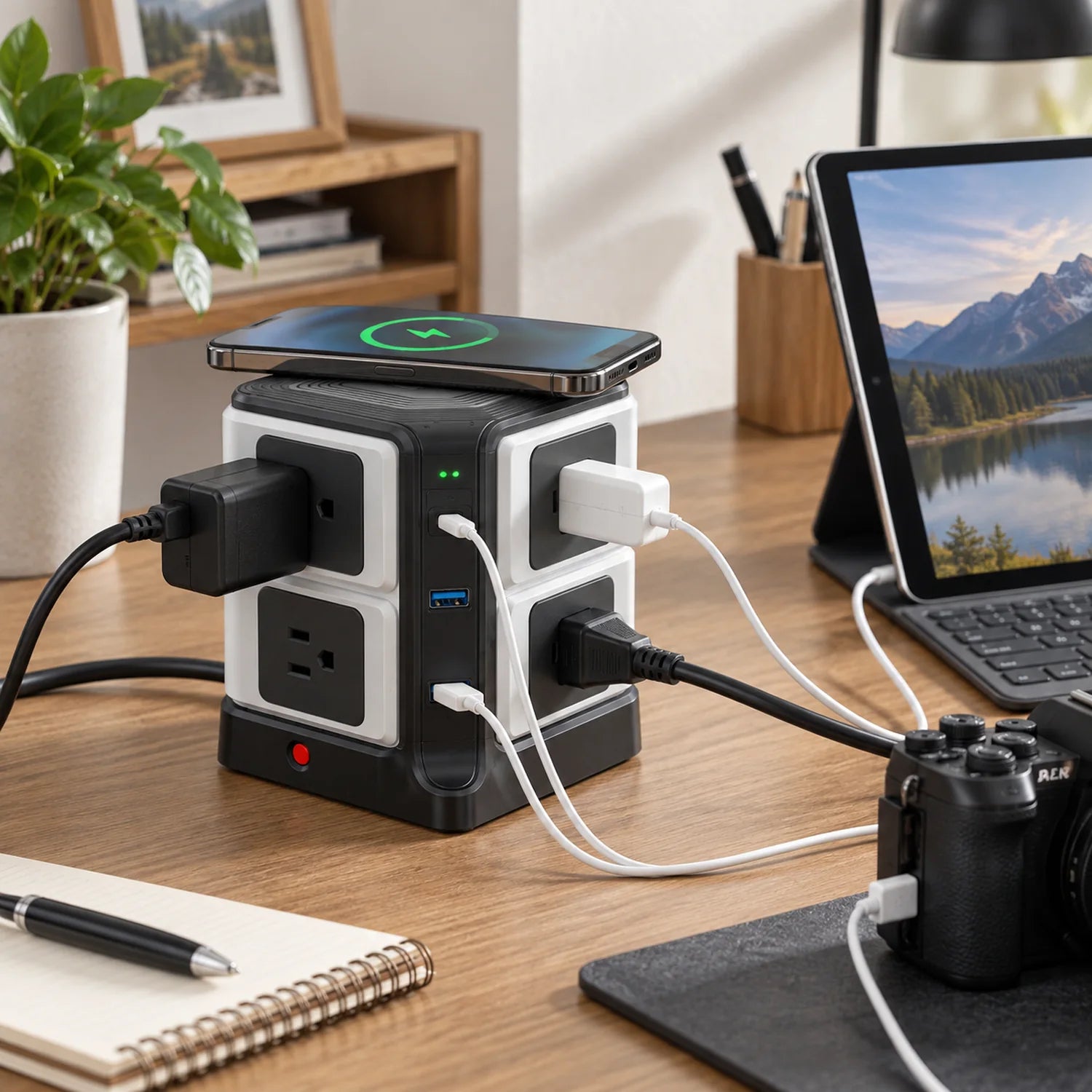 BESTEK Wireless Charger Desktop Power Strip with 8 Outlets and 3 USB Ports in a use setting