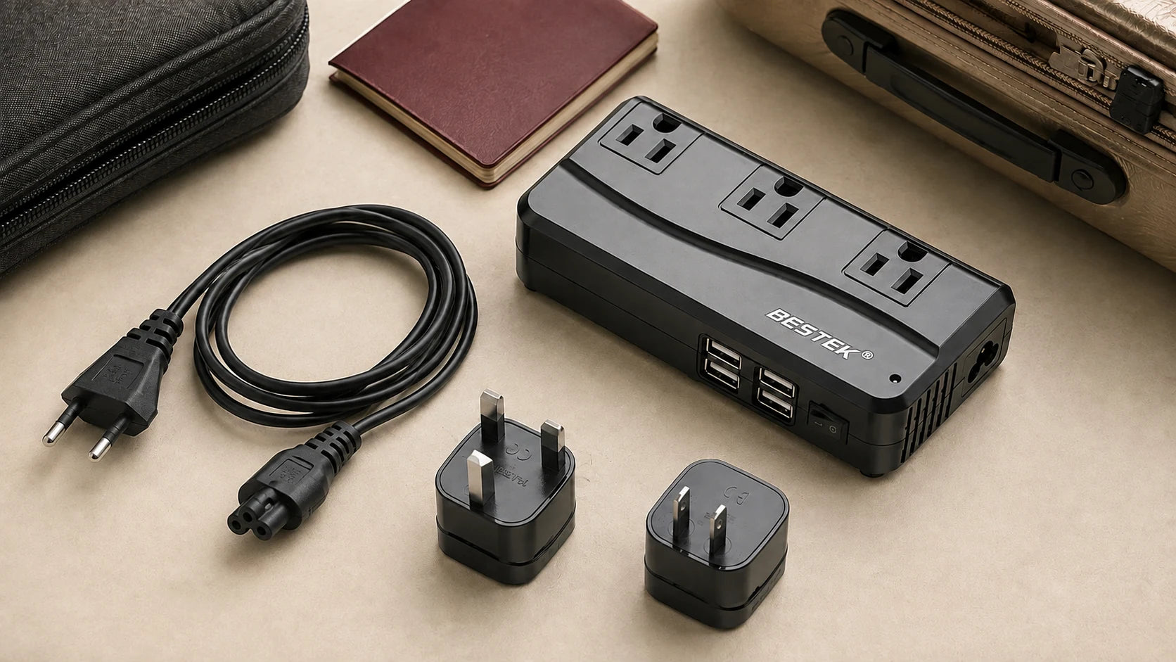 Unplugged travel converter, power cord, UK and US plug adapters beside a closed passport and travel bags