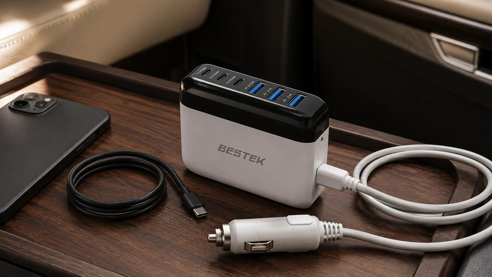 White six-port car charger, one phone and a loose USB cable arranged on a passenger tray before a trip