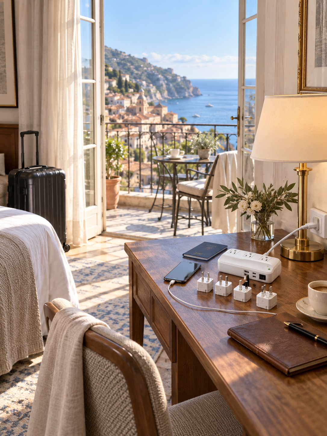 Coastal hotel room with a BESTEK travel converter on the desk