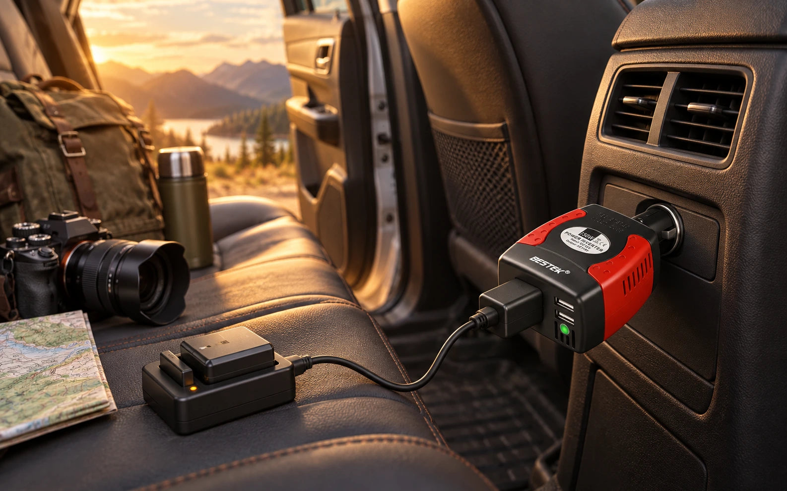 BESTEK 150W Power Inverter with Dual USB Charging Ports in a third product-specific use setting