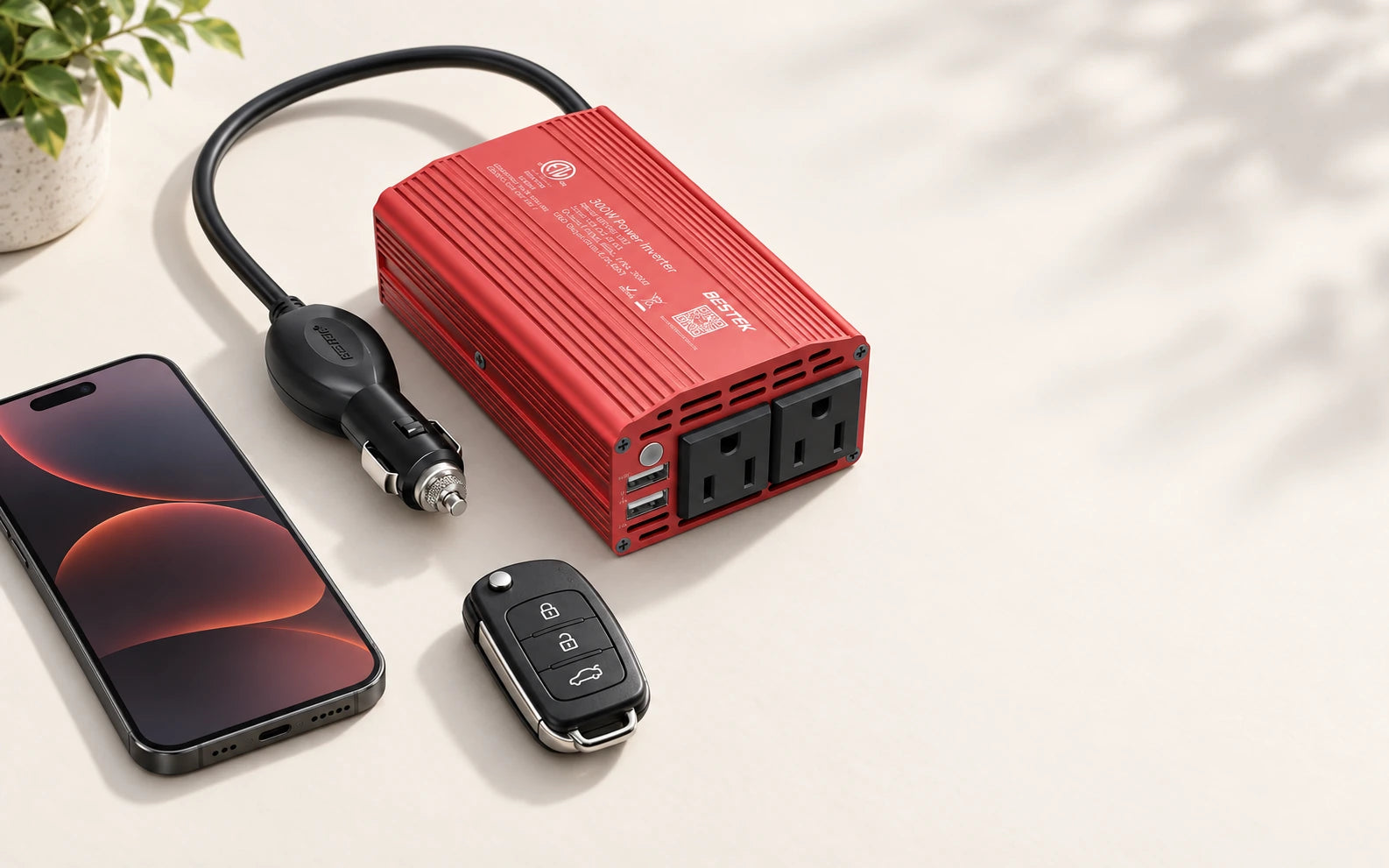 BESTEK 300W Car Power Inverter with 3.1A Dual USB Ports in a product-specific use setting