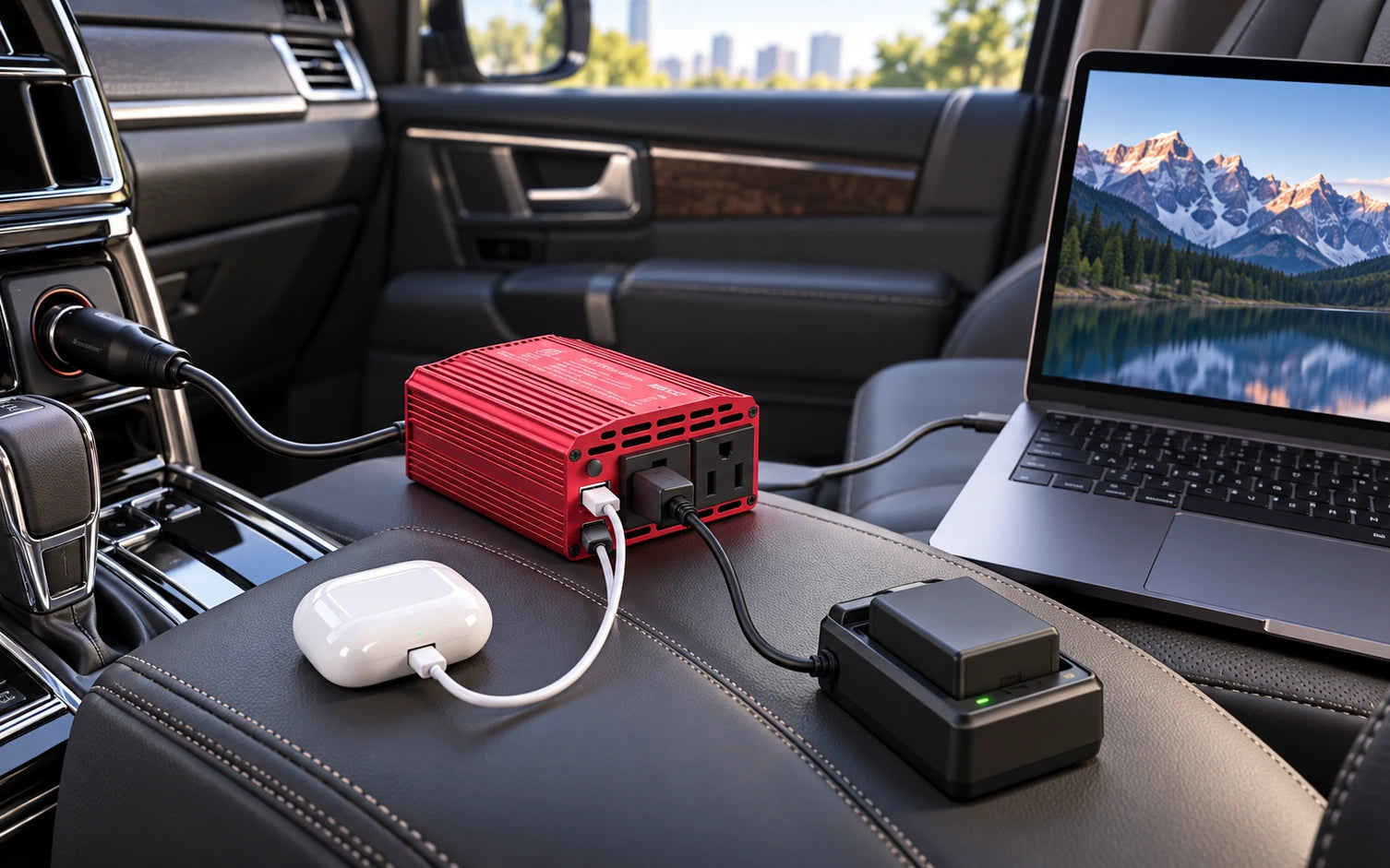 BESTEK 300W Car Power Inverter with 65W USB-C and QC3.0 Ports - 12V DC to 110V AC Converter in a product-specific use setting