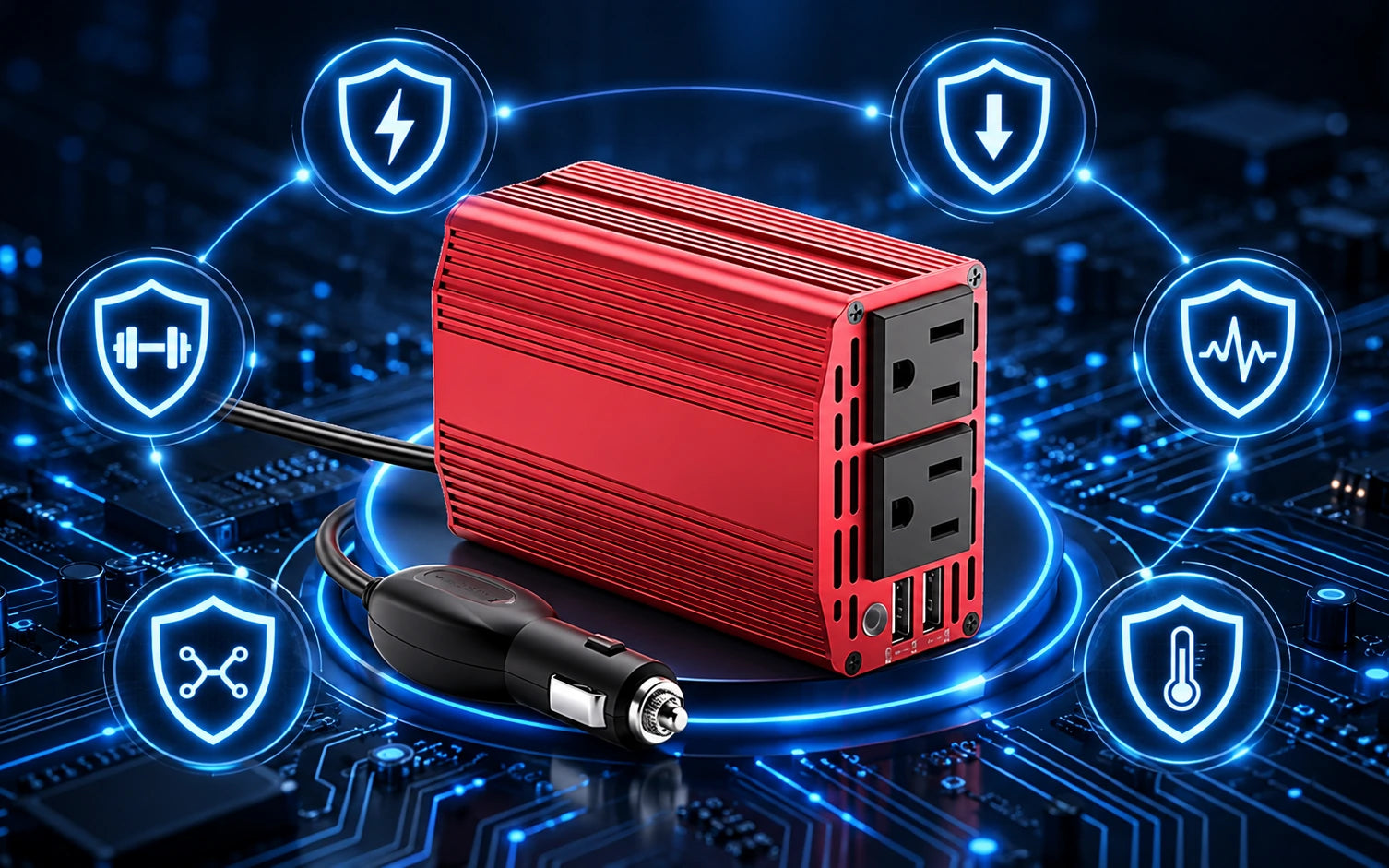 BESTEK 300W Car Power Inverter 12V DC to 110V with 4.8A Dual USB Ports and 2 AC Outlets construction and protection detail