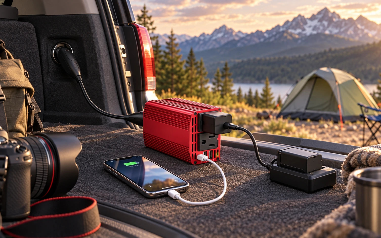 BESTEK 300W Car Power Inverter 12V DC to 110V with 4.8A Dual USB Ports and 2 AC Outlets in a second product-specific use setting