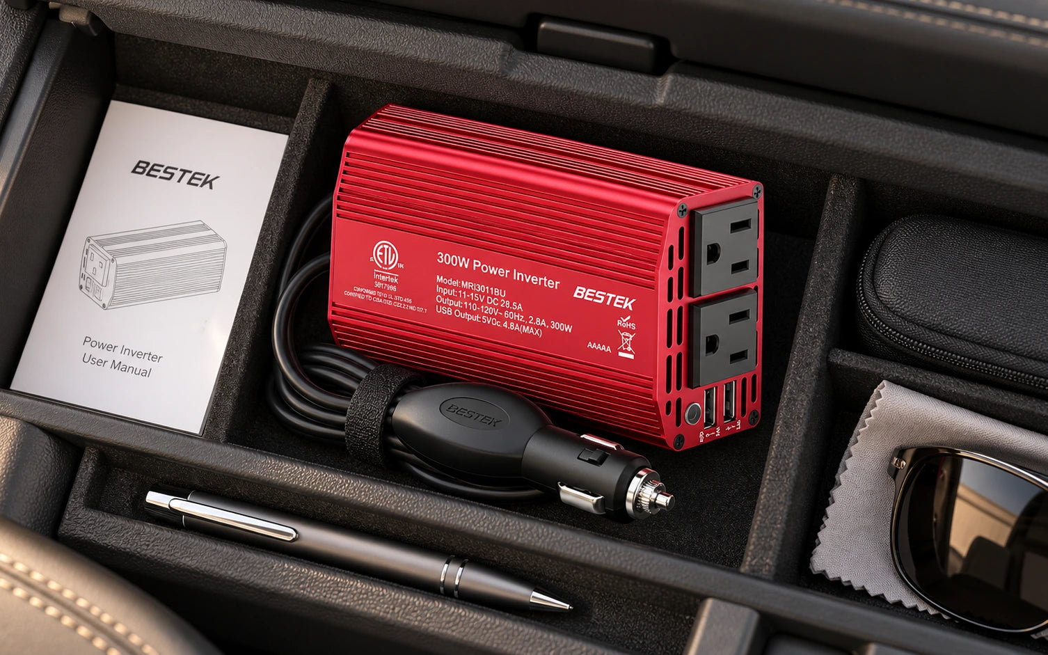 BESTEK 300W Car Power Inverter 12V DC to 110V with 4.8A Dual USB Ports and 2 AC Outlets in a third product-specific use setting