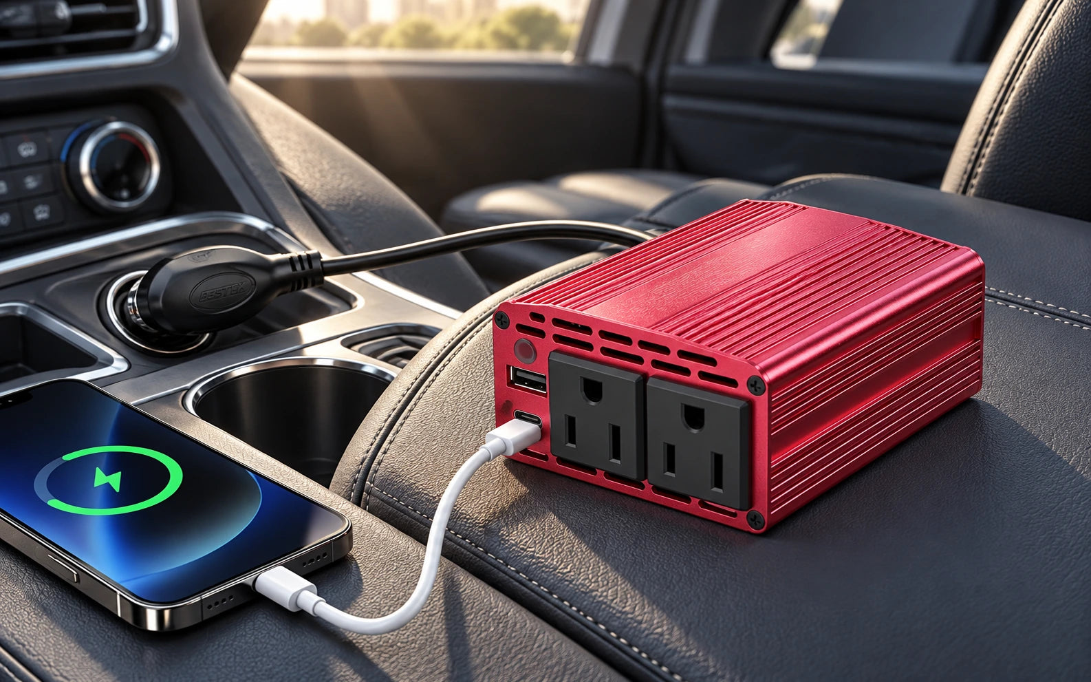 BESTEK 400W Car Power Inverter with 30W USB-C and QC 3.0 in a product-specific use setting