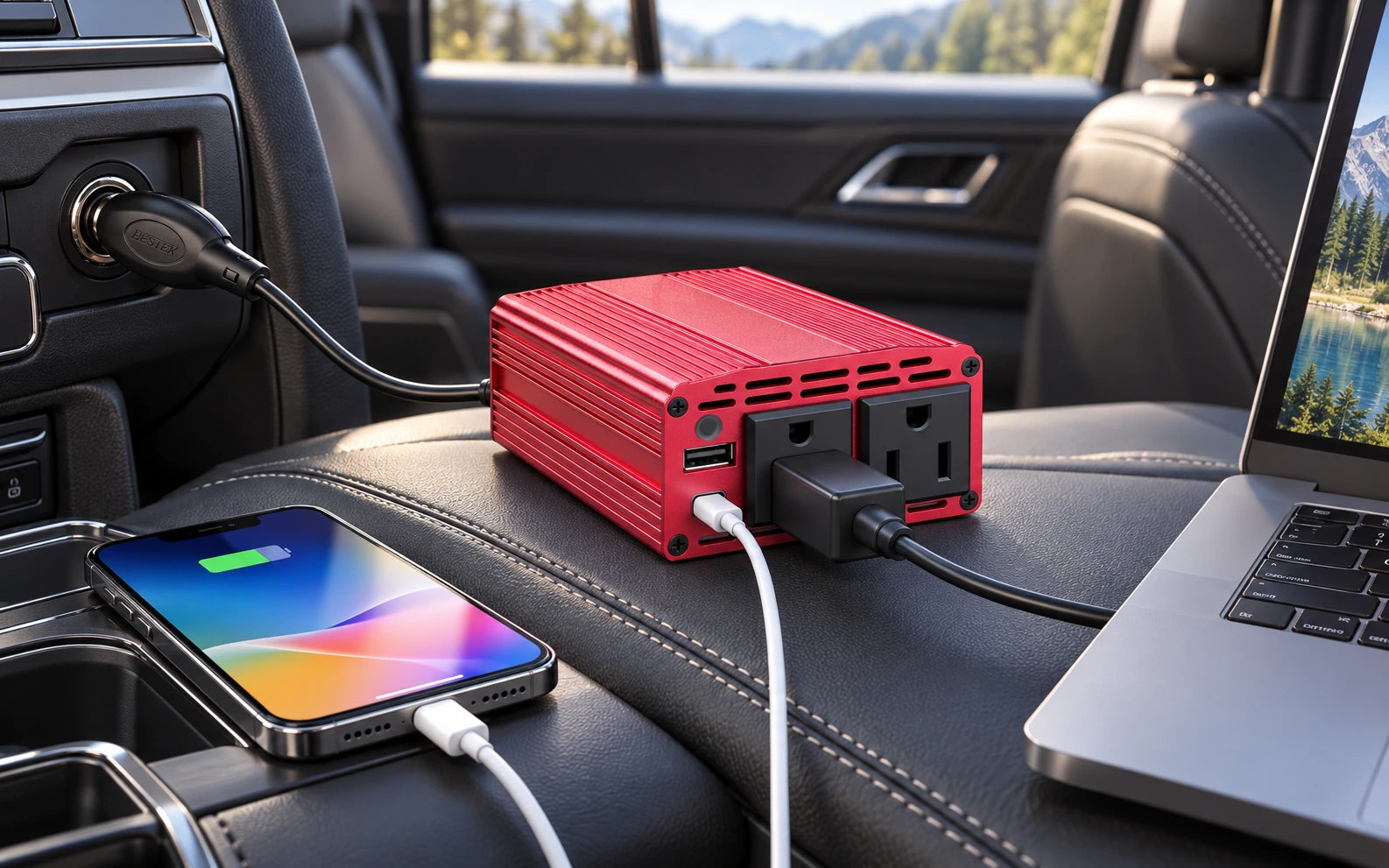 BESTEK 400W Car Power Inverter with 30W USB-C and QC 3.0 in a second product-specific use setting