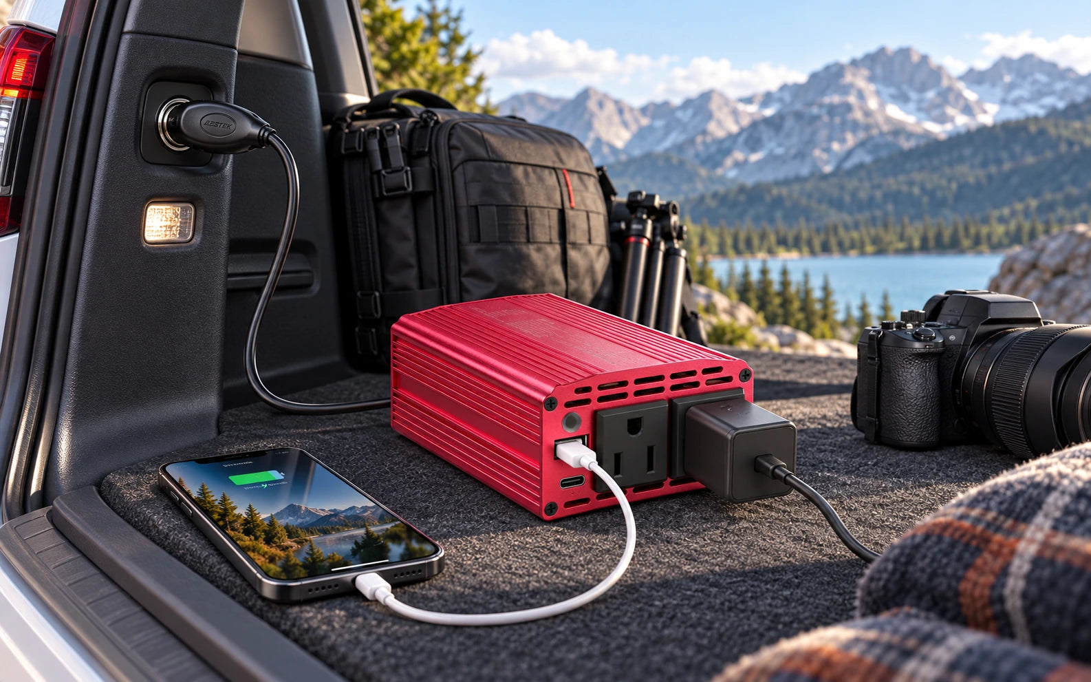 BESTEK 400W Car Power Inverter with 30W USB-C and QC 3.0 in a third product-specific use setting