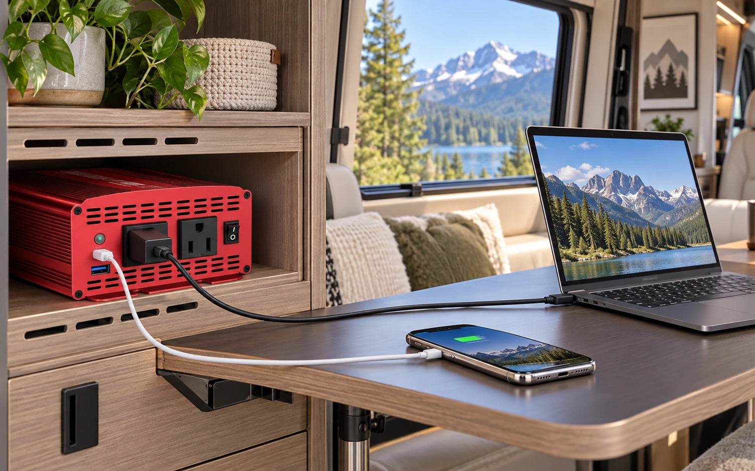 BESTEK 2-Outlet 1000W Car Power Inverter DC 12V to AC 110V with PD 30W USB C and QC 18W in a product-specific use setting