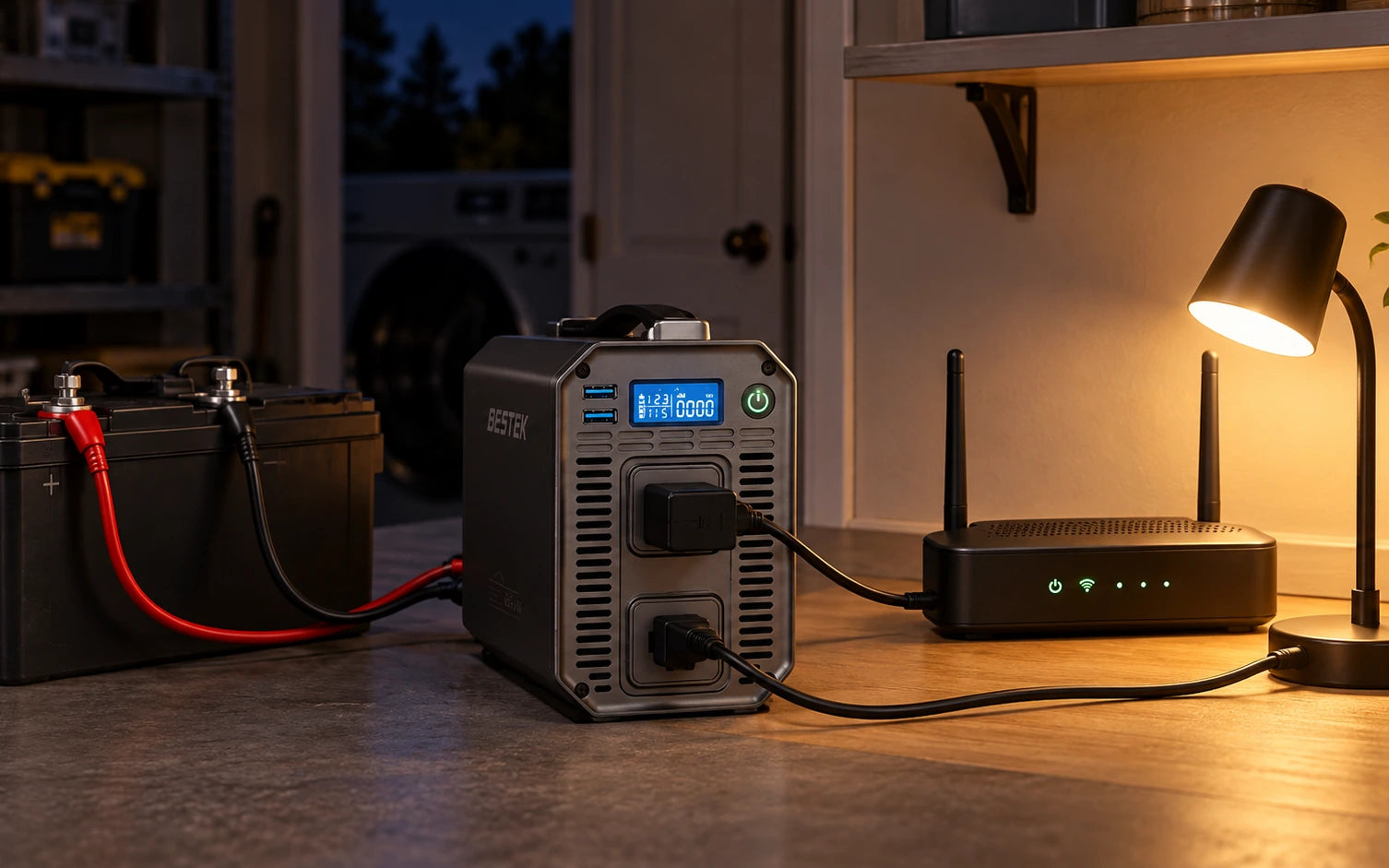 BESTEK DC 12V to 110V AC 1200W Power Inverter in a third product-specific use setting