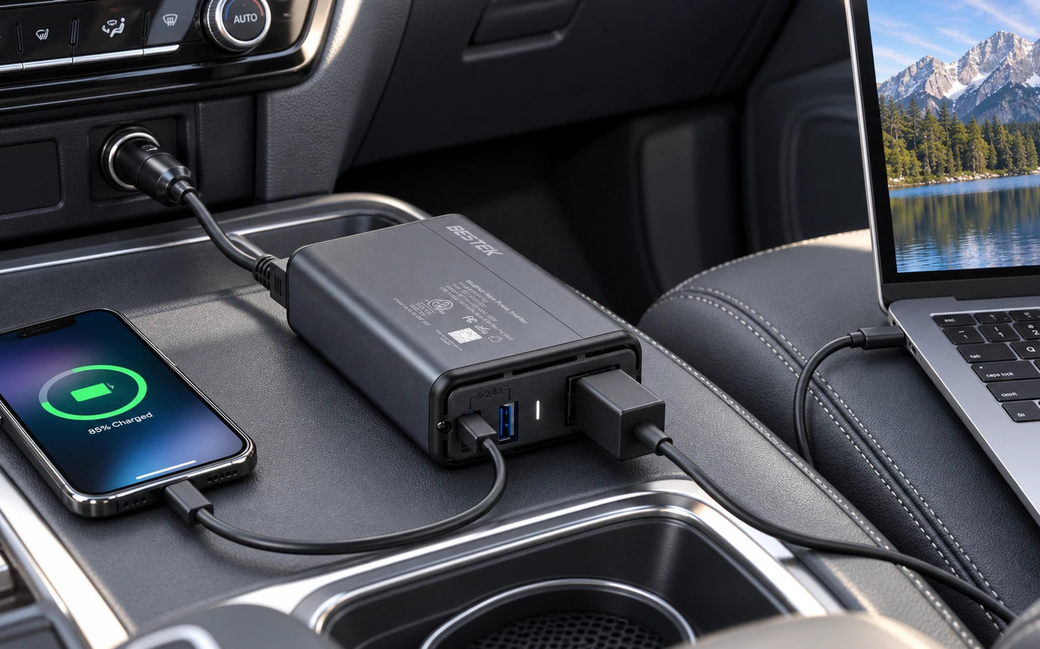 BESTEK Dual-USB 150W Car Power Inverter in a product-specific use setting