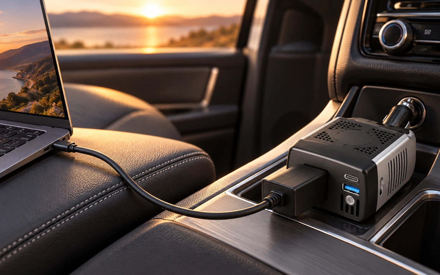 BESTEK 150W Power Inverter with PD 30W and QC 18W Dual Charging Ports in a second product-specific use setting