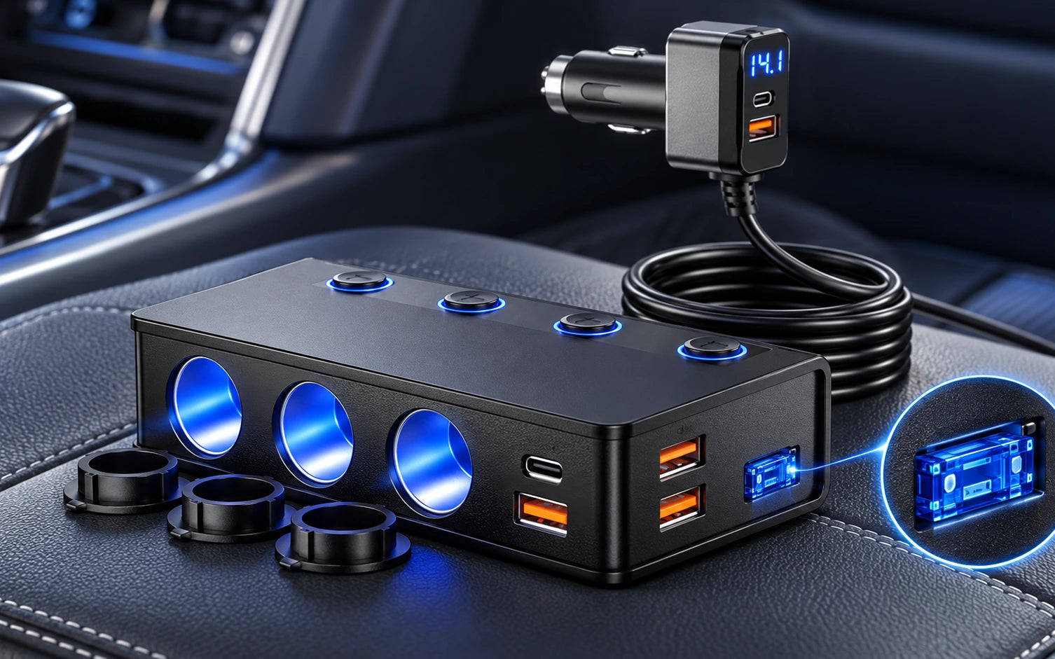 BESTEK 180W Cigarette Lighter Splitter with 65W USB-C PD, Black model-specific setup