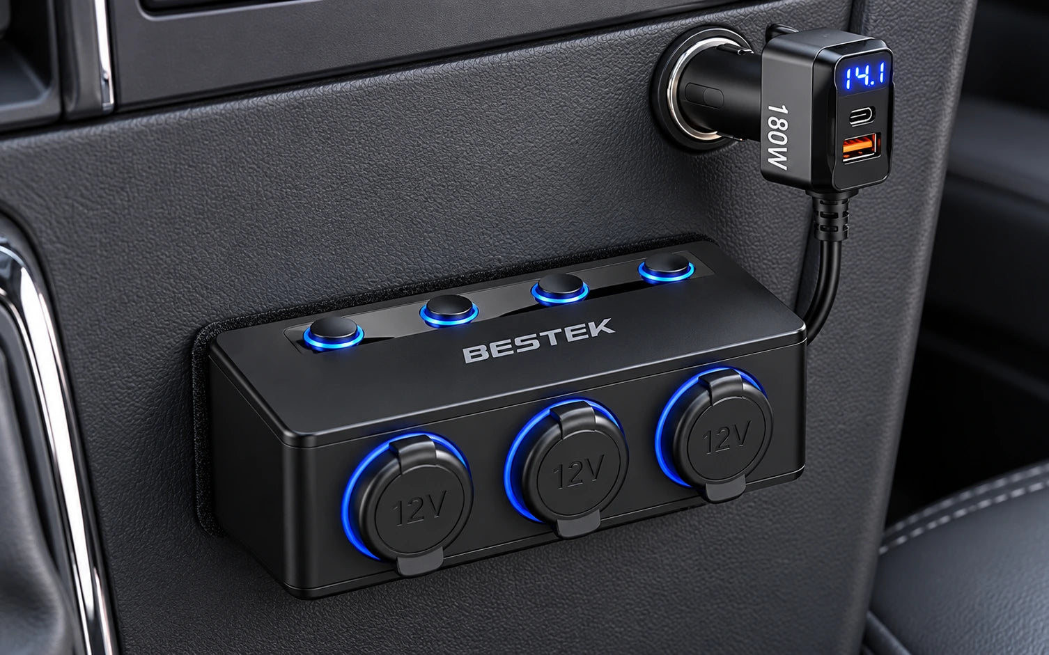 BESTEK 180W Cigarette Lighter Splitter with 65W USB-C PD, Black final product detail