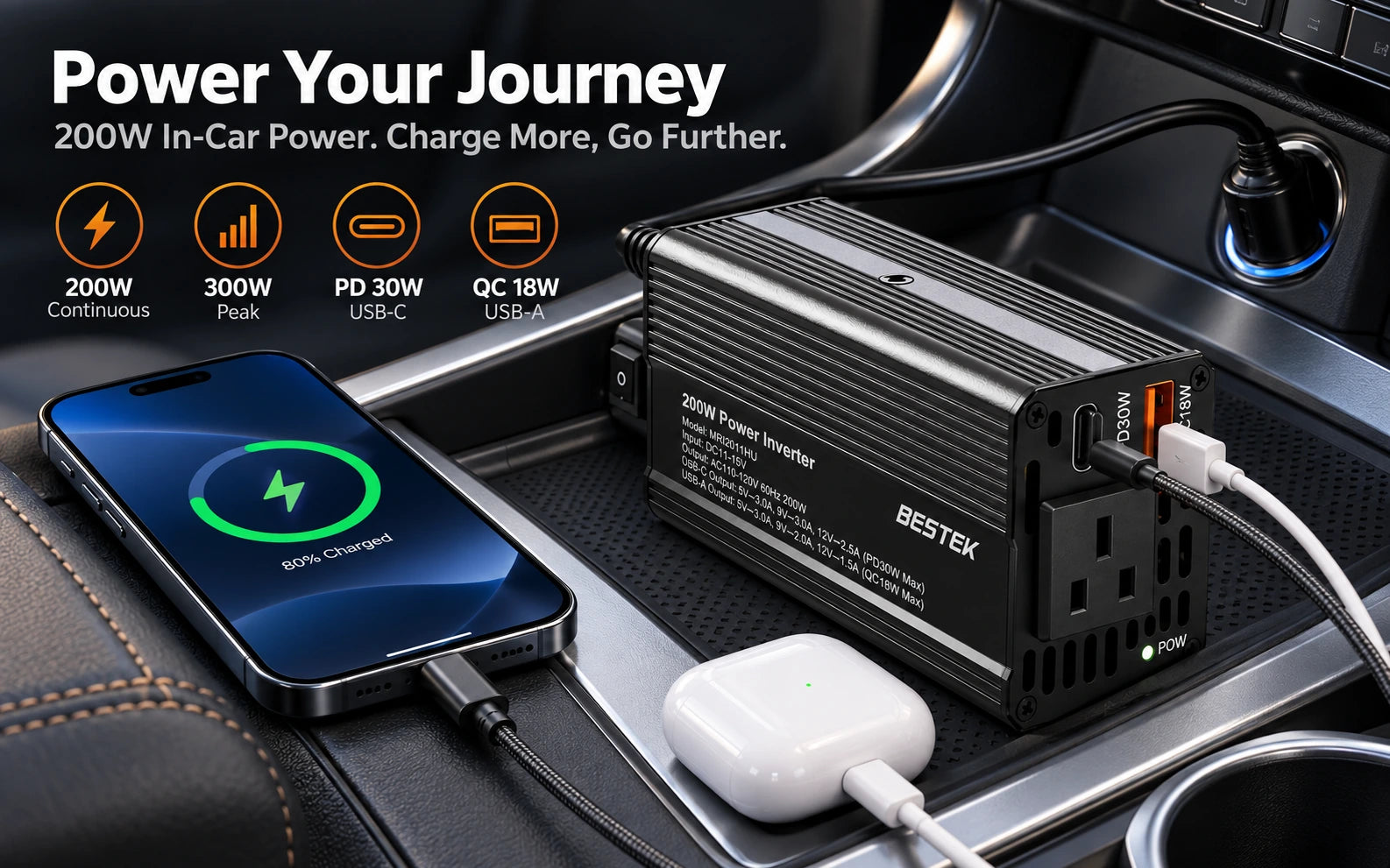 BESTEK 200W Car Power Inverter with 30W USB-C PD and QC 3.0 construction and protection detail