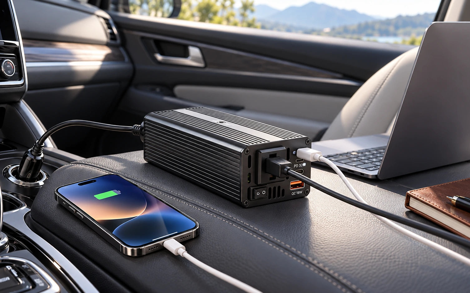 BESTEK 200W Car Power Inverter with 30W USB-C PD and QC 3.0 in a product-specific use setting