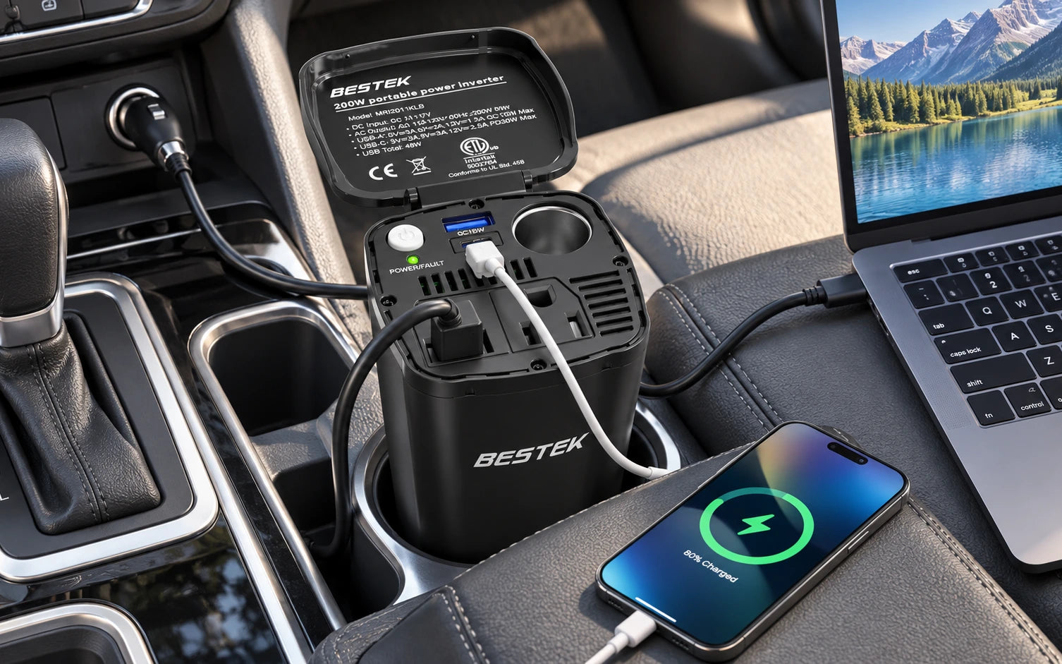 BESTEK 200W Power Inverter 12V DC to 110V AC with PD30W USB-C QC18W in a product-specific use setting