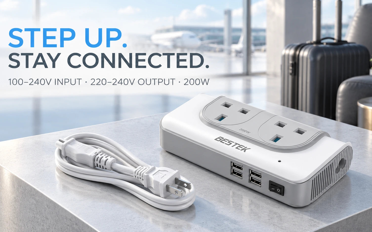 BESTEK 200W Step Up Voltage Converter 110V to 220V with 4-Port USB detail overview