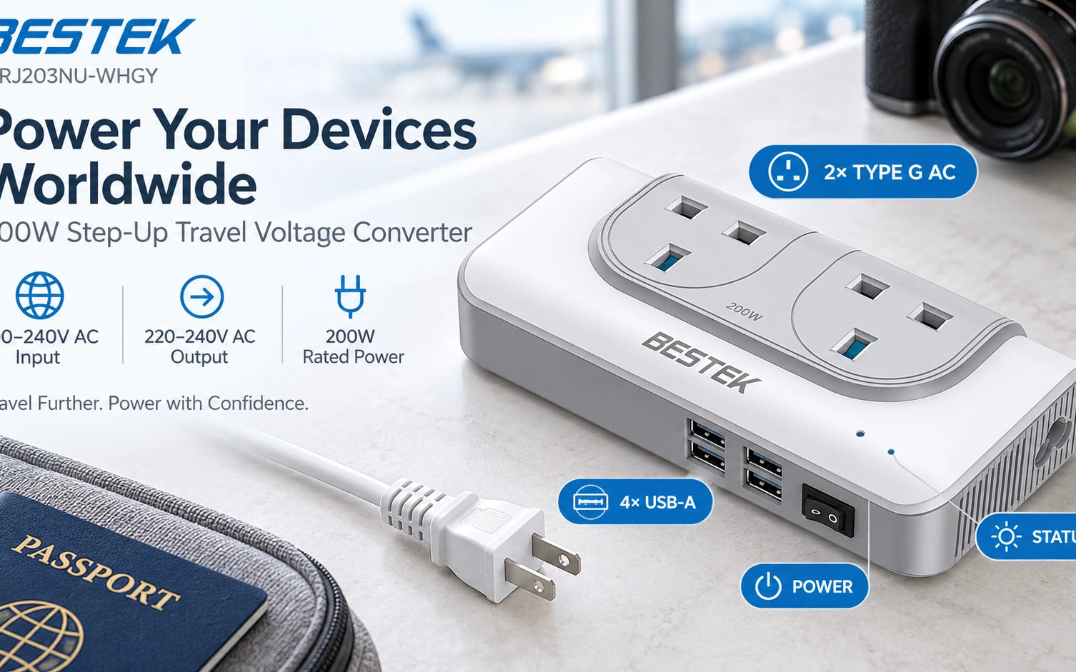 BESTEK 200W Step Up Voltage Converter 110V to 220V with 4-Port USB controls and connections