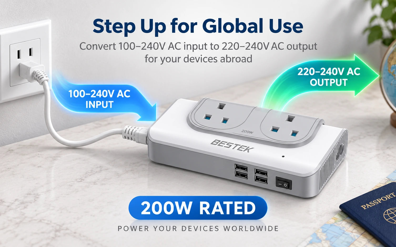 BESTEK 200W Step Up Voltage Converter 110V to 220V with 4-Port USB construction and protection detail