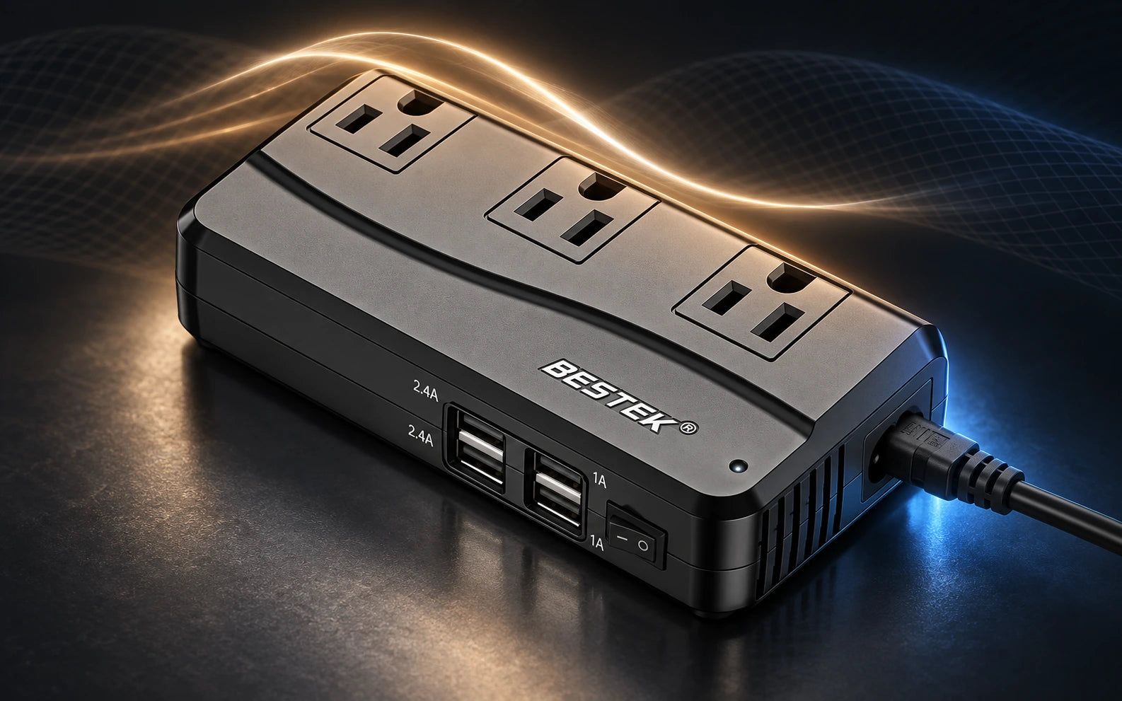 BESTEK 4-Port USB Voltage Converter 3 AC Outlets, UK/US/AU Plug controls and connections