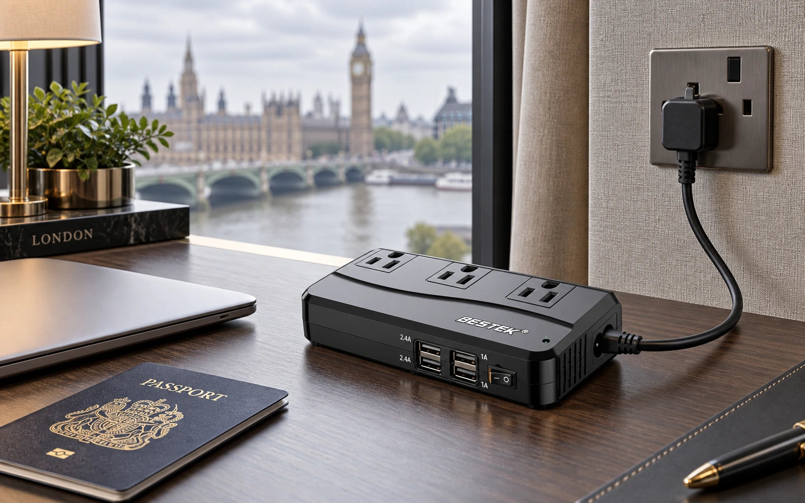 BESTEK 4-Port USB Voltage Converter 3 AC Outlets, UK/US/AU Plug in a product-specific use setting