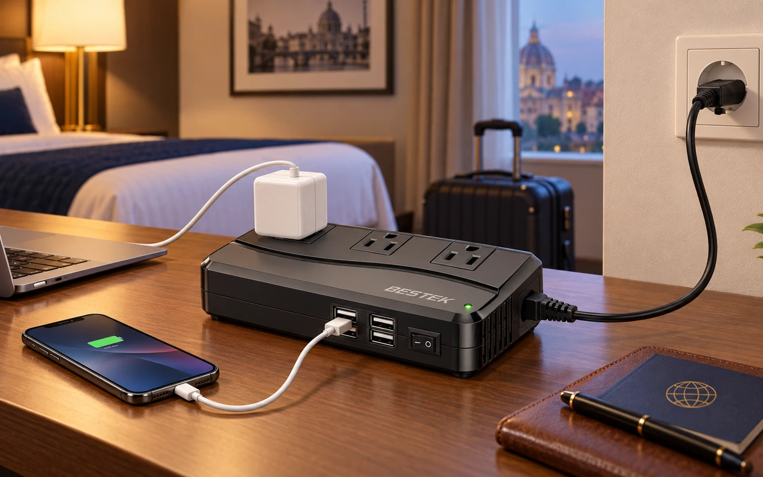 BESTEK 250W Travel Voltage Converter with 3 AC Outlets and 4 USB Ports construction and protection detail