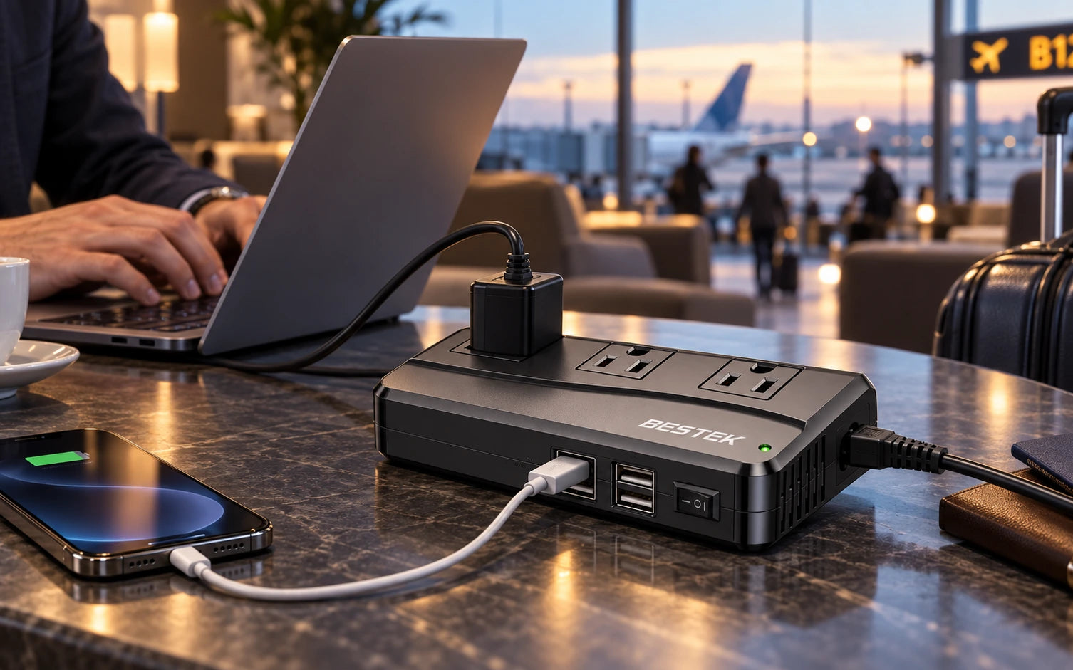 BESTEK 250W Travel Voltage Converter with 3 AC Outlets and 4 USB Ports in a second product-specific use setting