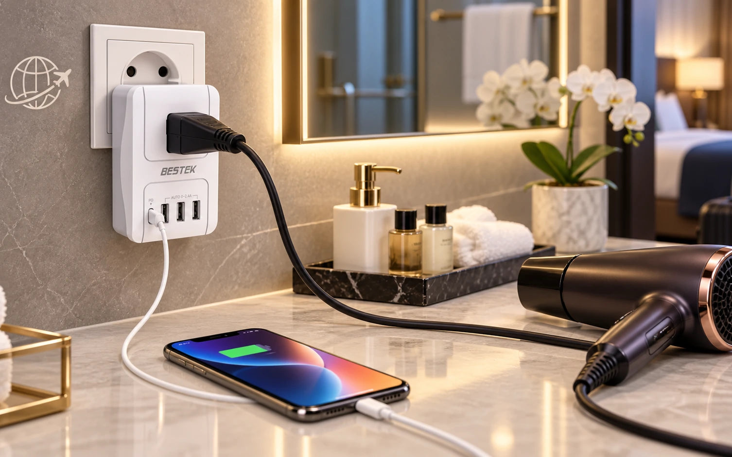 BESTEK 3000W International Travel Adapter with PD 3.0 in a product-specific use setting