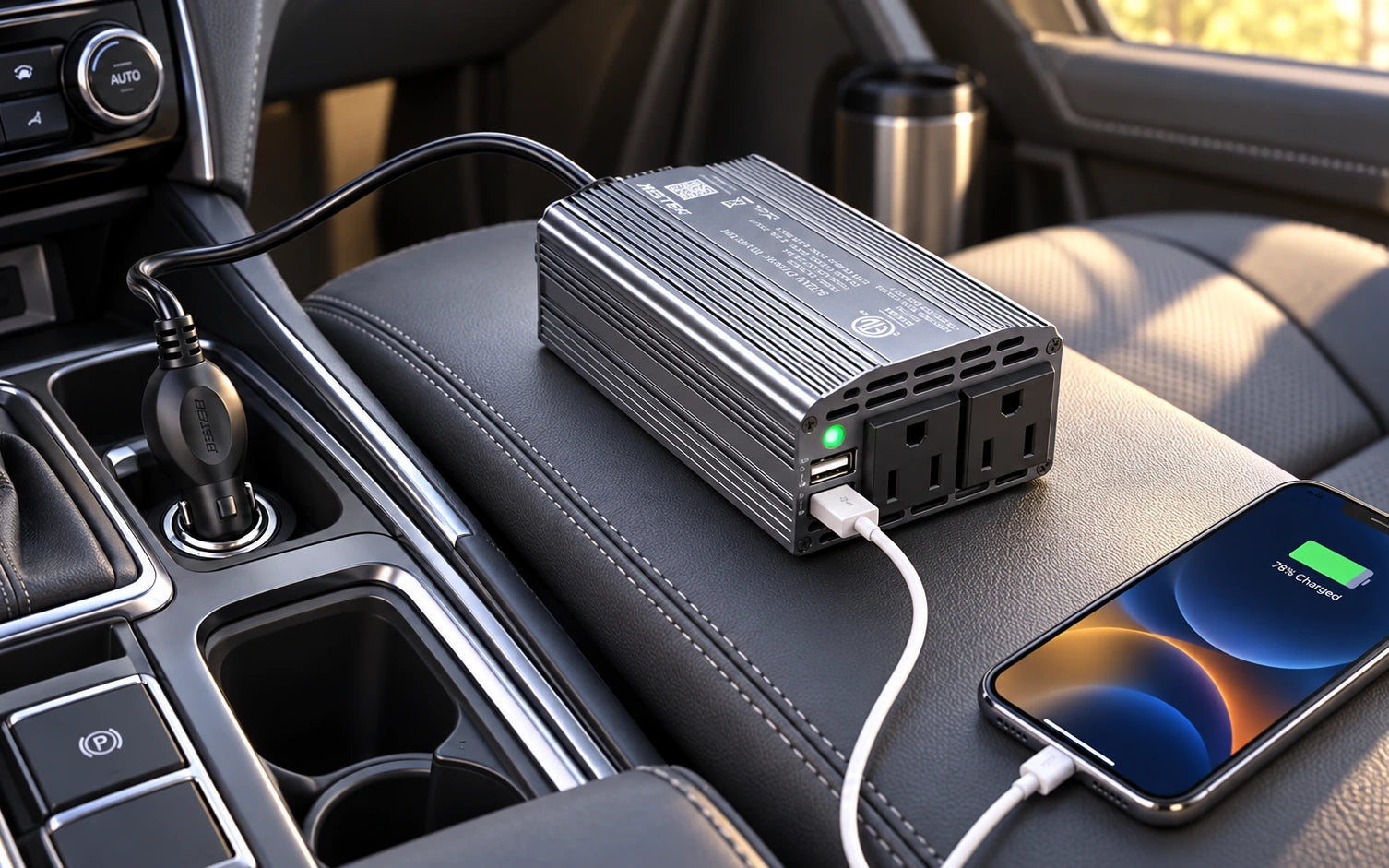 BESTEK 300W Power Inverter DC 12V to 110V AC Car Inverter with 4.2A (gray) in a product-specific use setting