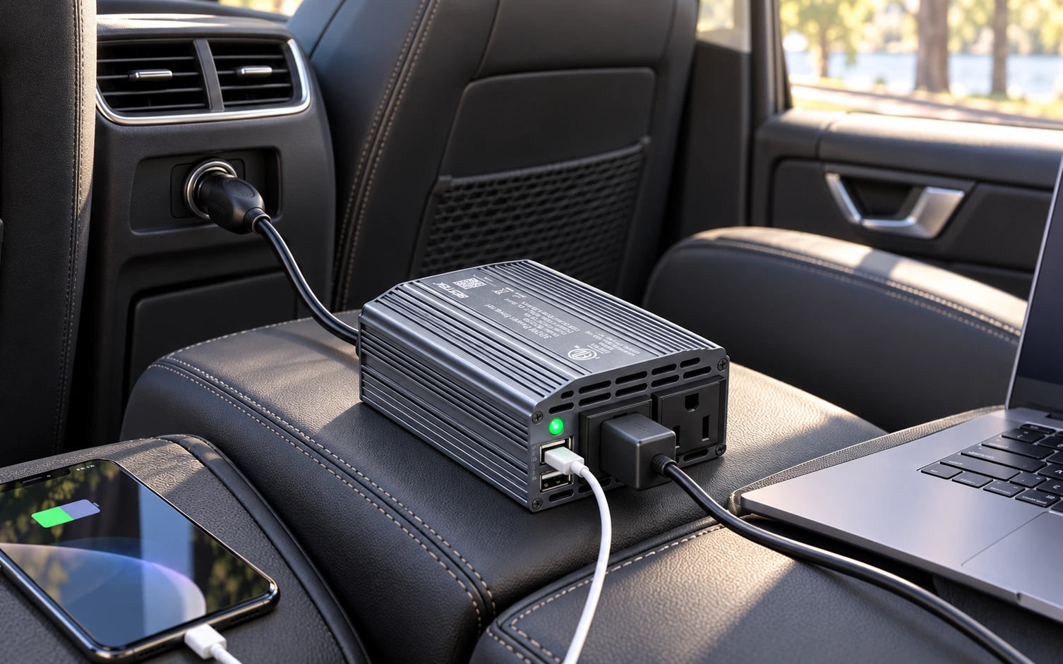 BESTEK 300W Power Inverter DC 12V to 110V AC Car Inverter with 4.2A (gray) in a second product-specific use setting