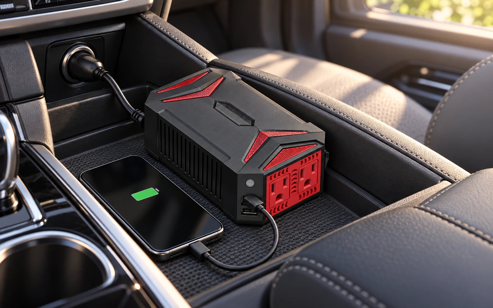 BESTEK 300W Pure Sine Wave with 4.2A 2 USB Power Inverter in a product-specific use setting