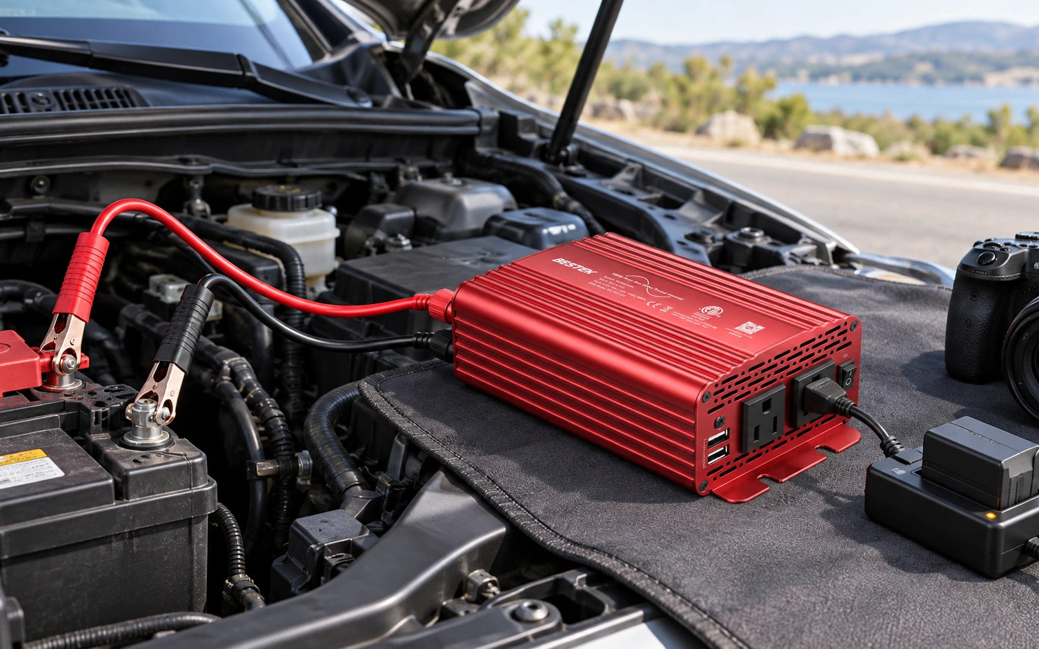 BESTEK 300W Pure Sine Wave Power Inverter DC 12V to AC 110V in a second product-specific use setting