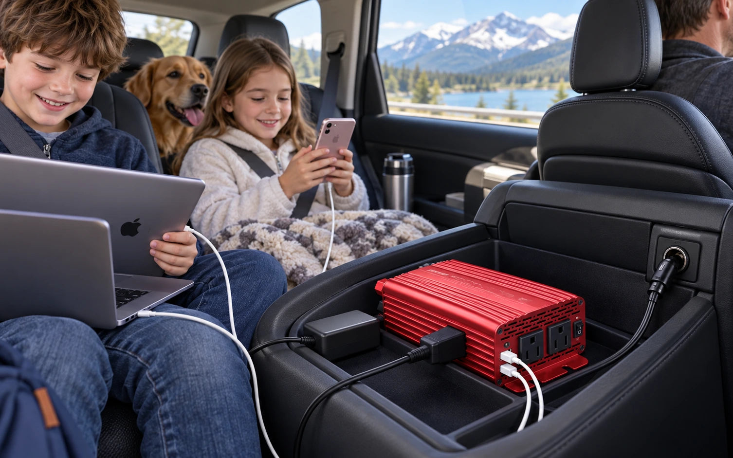 BESTEK 300W Pure Sine Wave Power Inverter DC 12V to AC 110V in a third product-specific use setting