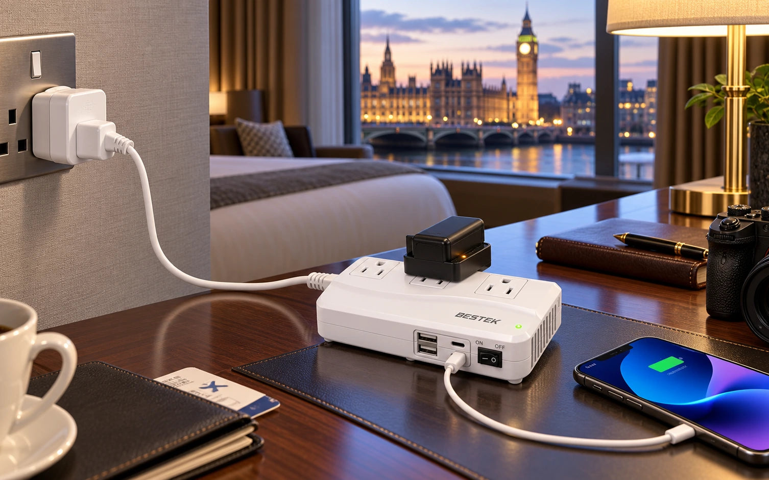 BESTEK 300W Voltage Converter 220V to 110V Power Transformer with 2 USB-C PD 20W Fast Charging Ports in a product-specific use setting