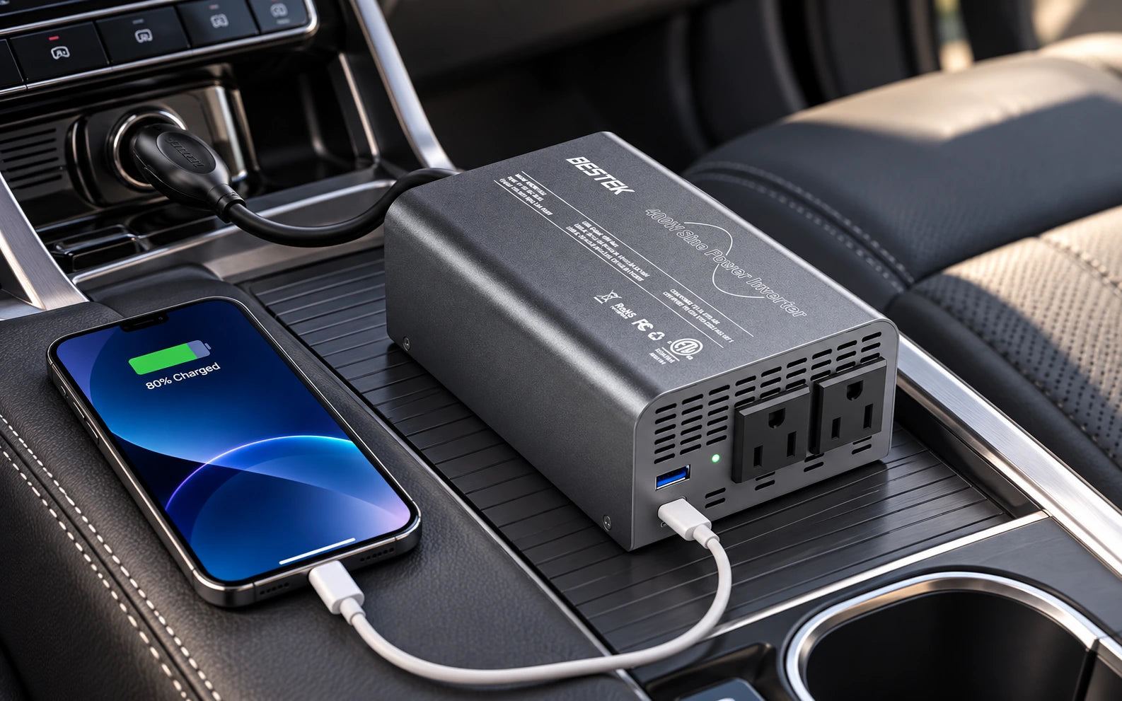 BESTEK 400W Pure Sine Wave Power Inverter DC 12V to AC 110V with PD30W USB-C QC 18W in a product-specific use setting