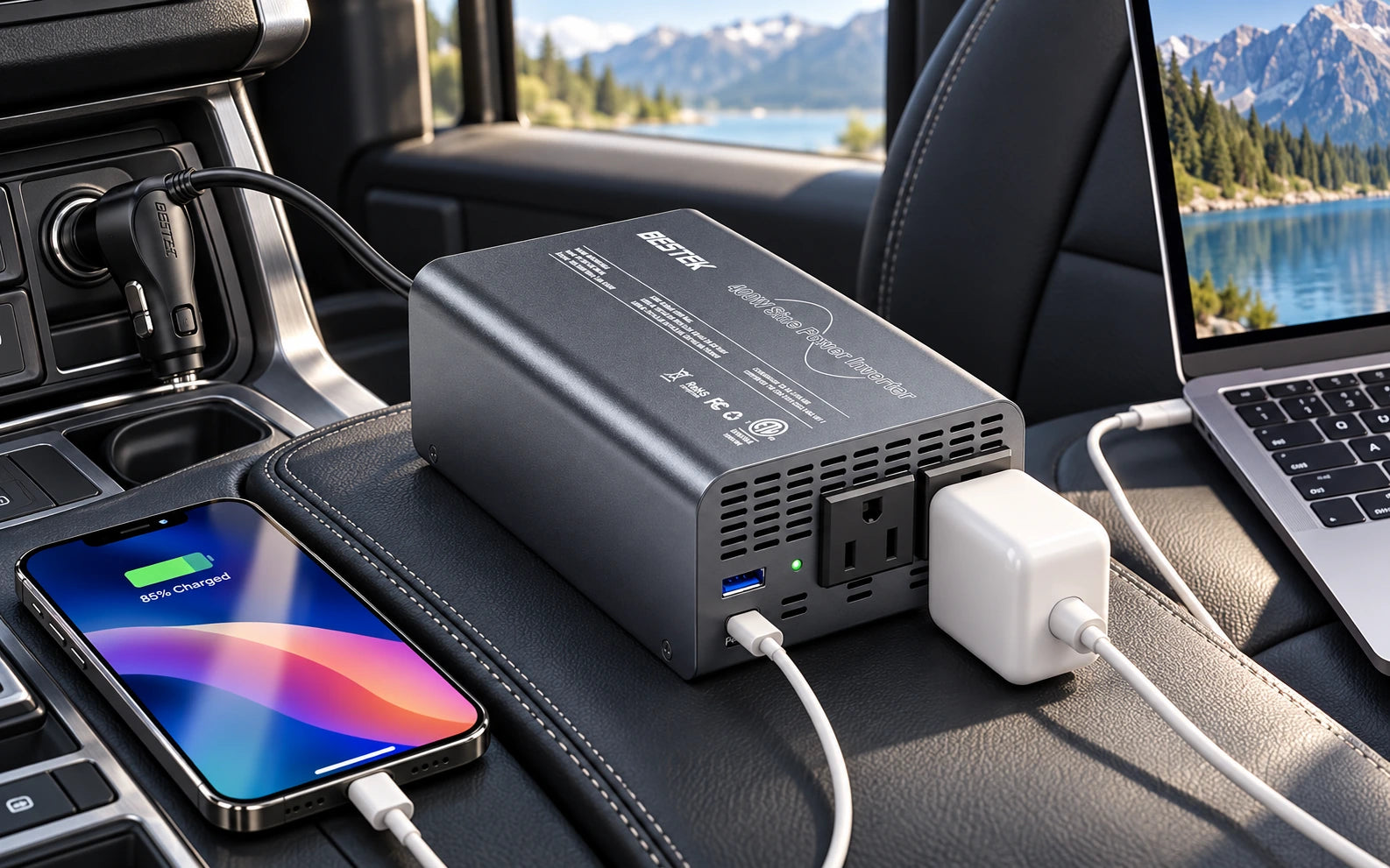 BESTEK 400W Pure Sine Wave Power Inverter DC 12V to AC 110V with PD30W USB-C QC 18W in a second product-specific use setting