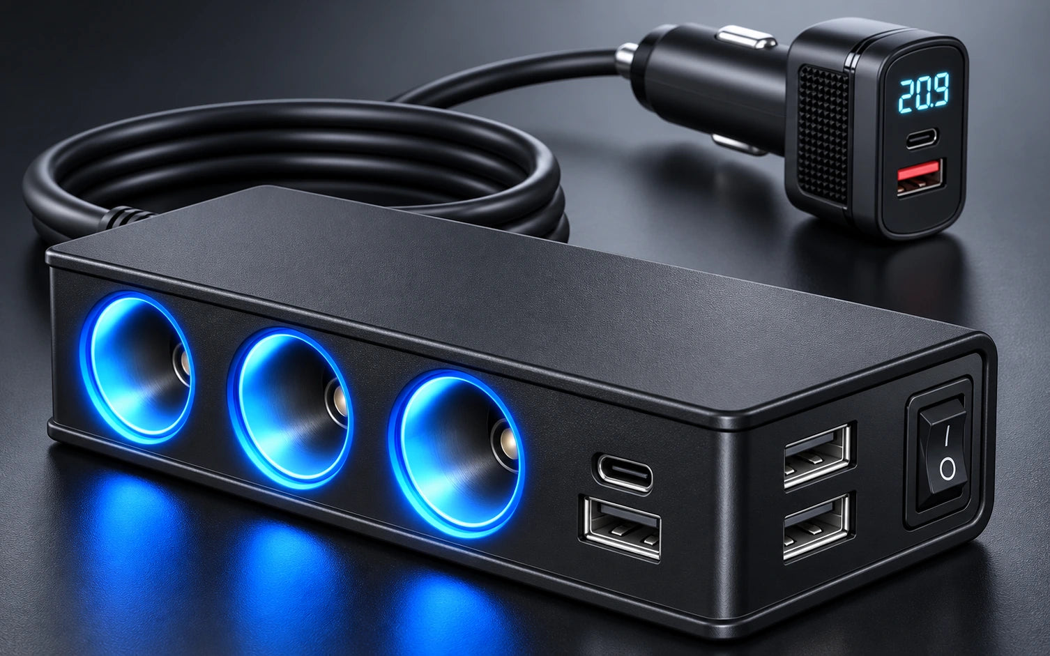 BESTEK 148W 9-in-1 Cigarette Lighter Splitter with USB-C PD controls and connections