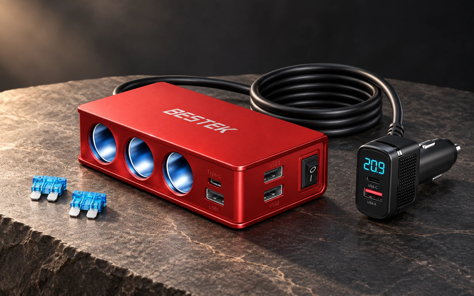 BESTEK 148W 9-in-1 Cigarette Lighter Splitter with 30W USB-C PD, Red detail overview