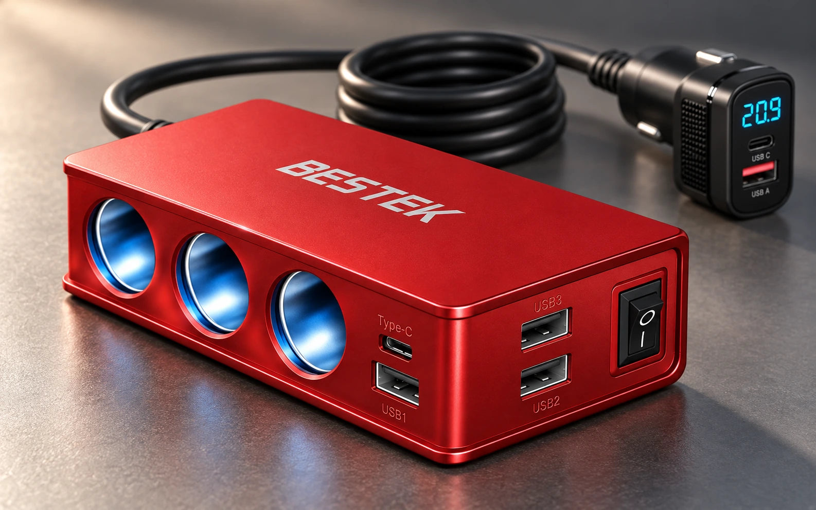 BESTEK 148W 9-in-1 Cigarette Lighter Splitter with 30W USB-C PD, Red controls and connections
