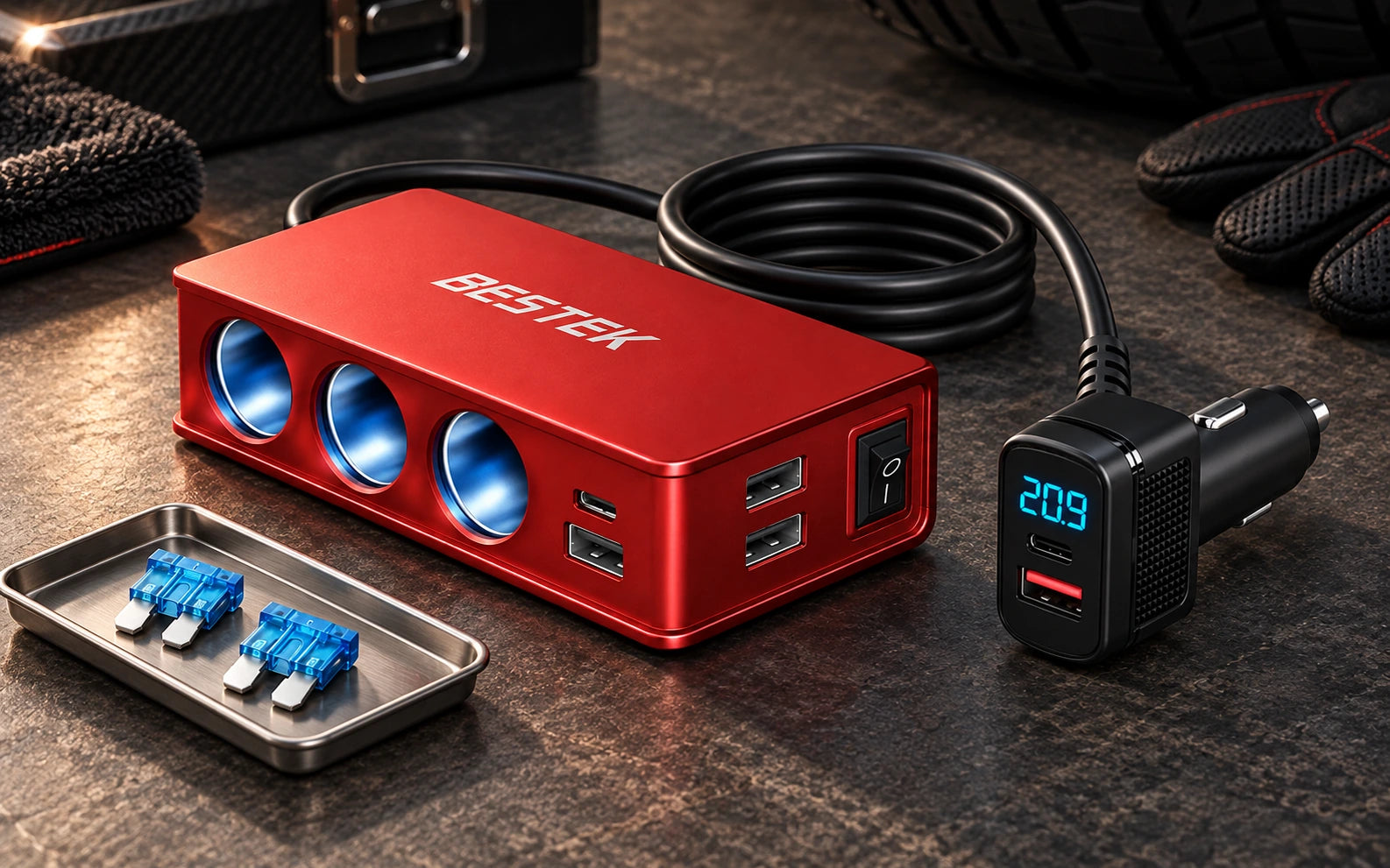 BESTEK 148W 9-in-1 Cigarette Lighter Splitter with 30W USB-C PD, Red construction and protection detail