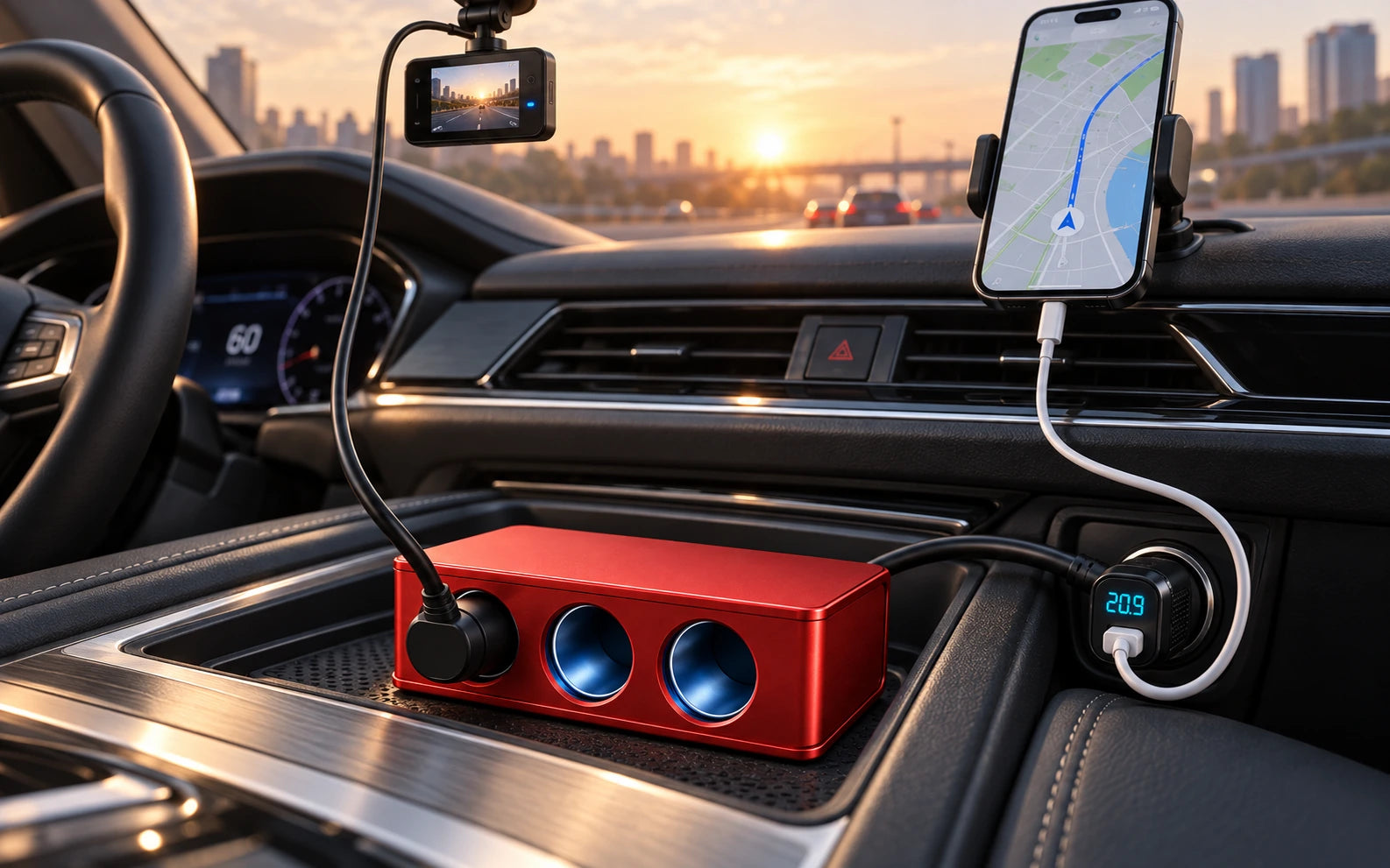 BESTEK 148W 9-in-1 Cigarette Lighter Splitter with 30W USB-C PD, Red in a product-specific use setting