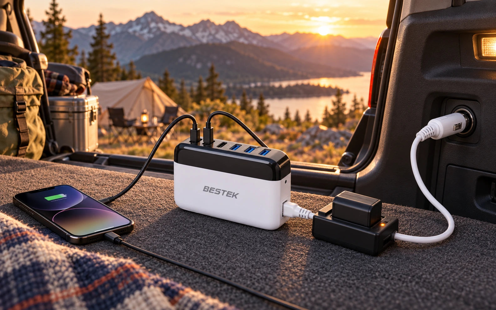 BESTEK 125W Multi-Port USB Car Charger with USB-C PD and QC 3.0 in a third product-specific use setting