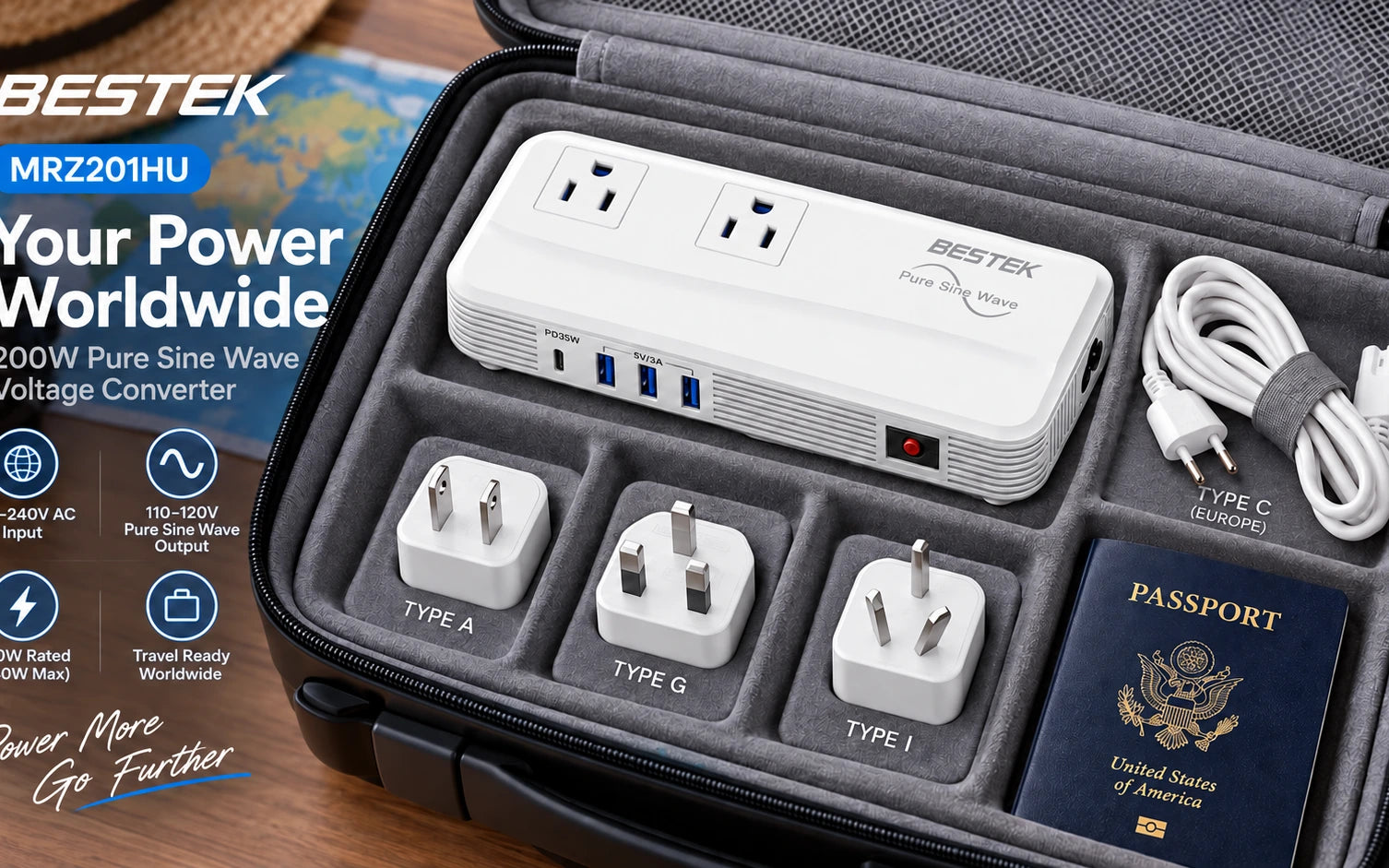 BESTEK 200W Pure Sine Wave Travel Adapter Voltage Converter final product detail