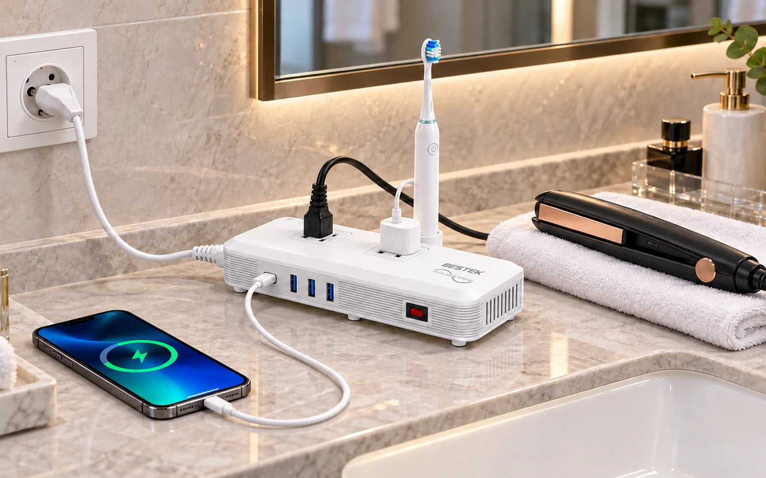 BESTEK 200W Pure Sine Wave Travel Adapter Voltage Converter in a product-specific use setting